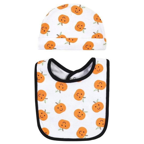 Hudson Baby Unisex Baby Cotton Bib & Headband or Caps Set Pumpkin One Size 0-6M - Picture 4 of 12